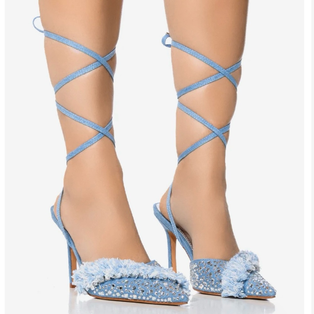 Blue Embellished Lace-Up Heels